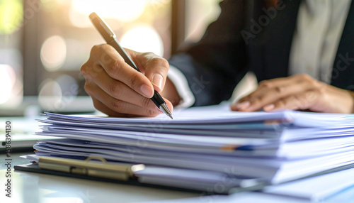 Hand at Work: Captivating close-up of hand meticulously recording information on a stack of important documents, focusing on the details of the moment.