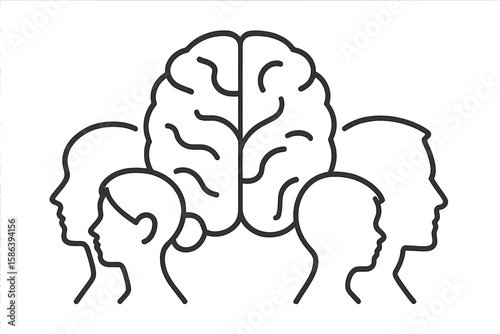 Diversity of Human Minds Concept. Brain Outline with Multiple Male and Female Silhouettes. Mental Health, Psychology, Identity, Anonymous People, Side View, Contour Vector Illustration