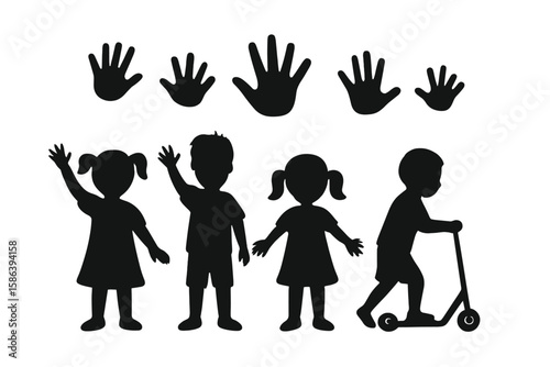 Silhouettes of Children and Handprint Icons, Vector Illustration on Transparent Background, Playful Kids with Raised Hands and Scooter, Child Silhouettes Collection for Design