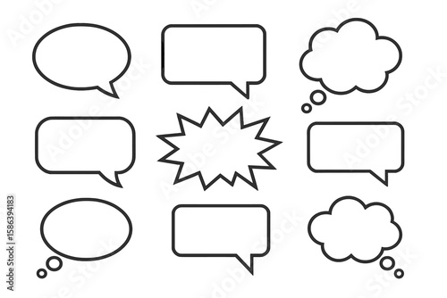 Speech bubble and thought bubble vector set collection. Comic dialogue box, chat icon, message balloon. Communication concept illustration for pop art or graphic design element.