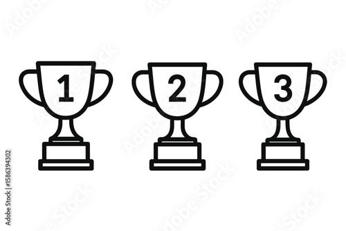 Trophy icon set for first, second, and third place. Winner cup and award symbol for competition ranking. Vector illustration line art for app, website, or UI design.