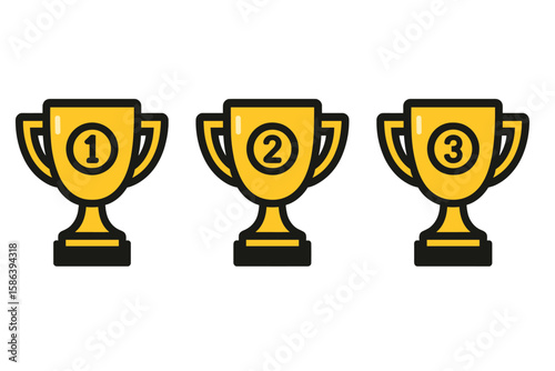 Trophy icon set for first, second, and third place. Gold award cup symbol for winner. Vector illustration for competition, prize, victory, and achievement ranking.