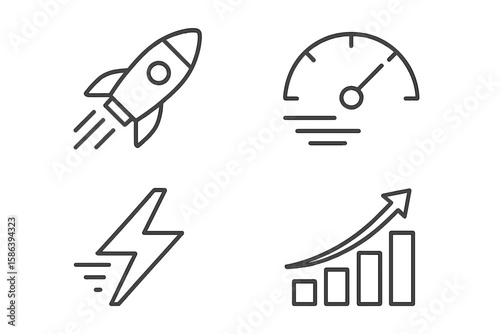 Dynamic Speed and Acceleration Icon Set – Thin Line Vector Illustrations of Rocket Launch, Speedometer, Lightning Bolt, Rapid Growth, Fast Movement, Quick Progress, Business Success, Performance Boost