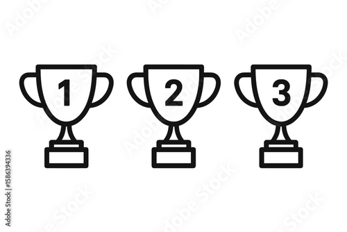 Trophy icon set for first, second, and third place. Winner cup symbol collection. Award sign for ranking, achievement, and competition. Simple line art vector illustration.