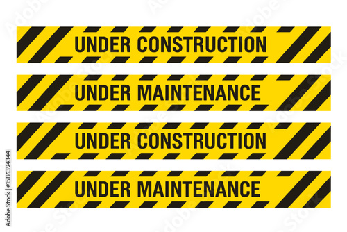 Under construction and under maintenance warning tape. Set of yellow and black striped barricade tapes for restricted areas. Danger and safety caution line vector illustration.