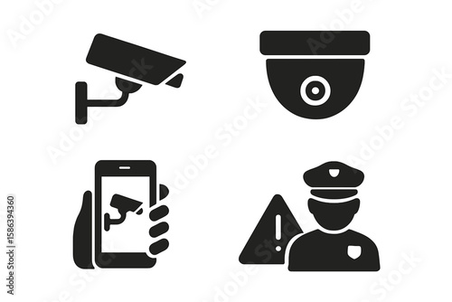 Surveillance Security Monitoring Icons Set. CCTV Camera, Dome Camera, Remote Access Mobile Alert, Intrusion Detection, Guard Warning. Black Silhouette Vector Pictograms for Security Systems