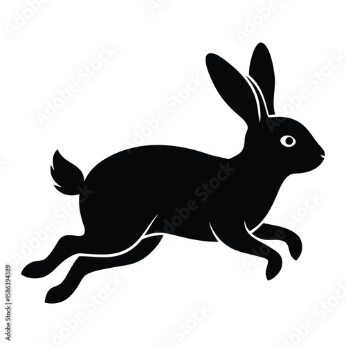 A black silhouette of a  jumping American rabbit    on white background, front view, minimalist clean design, simple elegant vector illustration