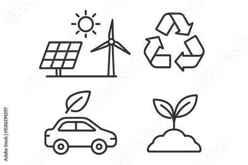 Eco-Friendly Sustainability Icons Set: Renewable Energy, Recycling, Clean Transportation, Organic Farming, Solar Panel, Wind Turbine, Green Technology, Environmental Conservation