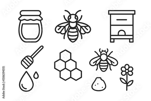 Honey and bee line icon set. Beekeeping and apiculture symbols collection. Vector graphics of honeycomb, beehive, flower, and natural sweet food for organic concepts.