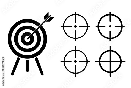 Arrow target and crosshair vector icon set. Archery, goal, aim, and accuracy concept. Business focus and precision metaphor. Sniper scope reticle illustration isolated.