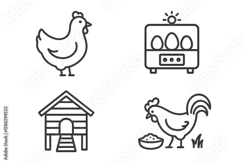 Poultry Farming Line Icon Set – Vector Illustrations of Chicken, Rooster, Henhouse, Egg Incubator, Feeding, Free-Range, Organic Agriculture, Farm Animals, Thin Linear Style, Rural Livestock Concept