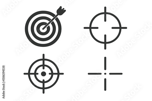 Target with arrow and crosshair vector icon set. Concept of goal, success, aim, focus. Bullseye, dartboard, sniper scope for accuracy and precision. Hunter sight.