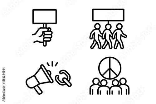 Protest and Activism Line Icon Set. Vector Pictograms of Hand Holding Placard, Group Marching, Megaphone with Broken Chain, Peaceful Demonstration, Social Movement, Civil Rights, Nonviolent Protest