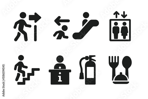 Comprehensive Public Space Wayfinding Vector Icon Set – Navigation, Emergency, Escalator, Elevator, Stairs, Information Desk, Fire Extinguisher, Food Court, Black Pictogram Signs