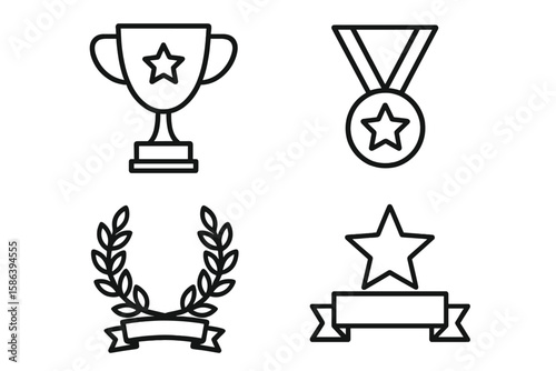 Award and achievement line icon set. Vector pictograms of trophies, medals, and victory symbols. Includes laurel wreaths, stars, and banners for thin linear illustration.