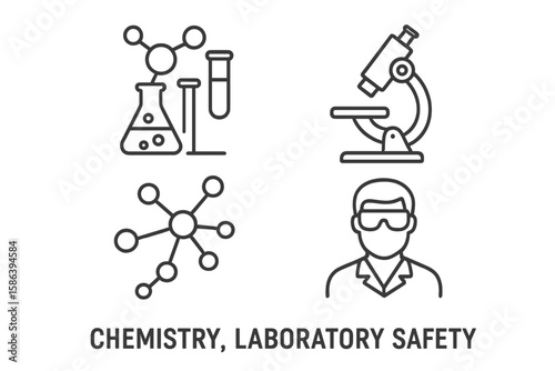 Chemistry laboratory safety line icon set. Vector pictogram collection of scientific research, chemical experiments, lab equipment, molecule, science, microscope, and chemist.