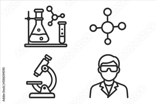 Chemistry lab line icon set. Vector pictograms for scientific research and chemical experiments. Lab equipment, molecule structure, microscope, and chemist with safety glasses.