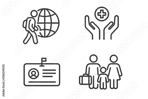 Refugee Crisis Humanitarian Aid Vector Icon Set – Migration, Global Support, Medical Assistance, Displaced Family, Identification Card, Relief Efforts, Social Issues, Line Art