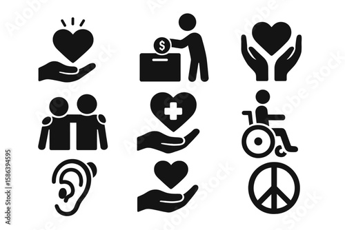 Charity donation vector icon set. Glyphs for compassion, community support, healthcare, protection, disability aid. Peace, love, volunteer, help, and care symbols. Giving.