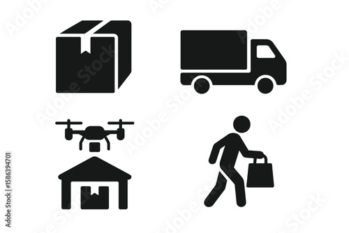 Delivery and logistics service icon set. E-commerce business concept. Fast shipping symbol. Package, truck, drone, warehouse pictogram. Online shopping order fulfillment.