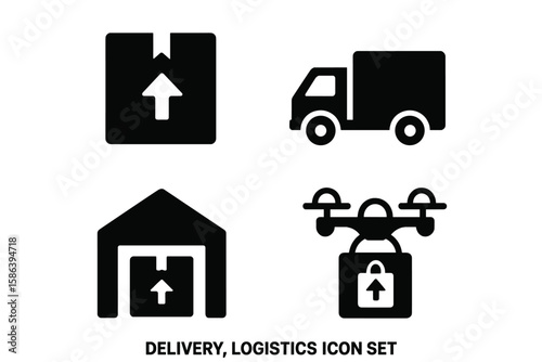 Delivery and logistics icon set. Vector glyph pictograms of package, truck, warehouse, and drone. Supply chain, shipping, courier, and e-commerce concept icons.