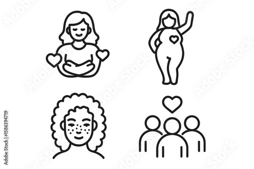 Self-Love and Body Positivity Line Icon Set – Vector Pictograms of Self-Acceptance, Mental Well-Being, Curvy Female Silhouette, Curly Hair, Diversity, Freckles, Group Support, Heart Symbol