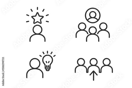 Personal Identity and Individuality Line Icon Set – Vector Illustrations of Unique Self-Expression, Creativity, Distinctiveness, Adaptability, Leadership, and Group Dynamics Concepts