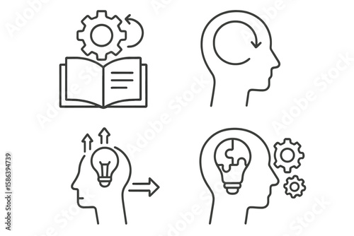 Unlearning and Relearning Line Icon Set – Knowledge Adaptation, Brainstorming, Creative Problem Solving, Cognitive Process, Learning, Thin Linear Style, Vector Illustration