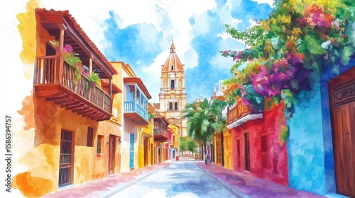 Cartagena Old Town. Cartagena Old Town hand drawn watercolor illustration