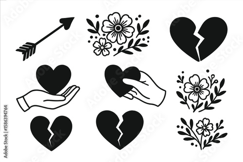 Love and heartbreak icon set. Valentine's Day vector collection. Includes Cupid's arrow, floral patterns, hands holding hearts, and broken heart symbols. Romance and breakup.