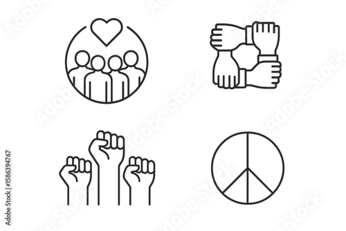 Diversity and inclusion line icon set. Vector pictograms of unity, equality, multicultural collaboration. Raised fists for protest, interconnected hands for teamwork and peace symbol.