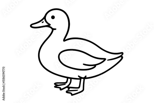 Cute duckling line art vector illustration. Simple black and white cartoon bird drawing. Minimalist farm animal icon for kids. Isolated wildlife sketch on white background.