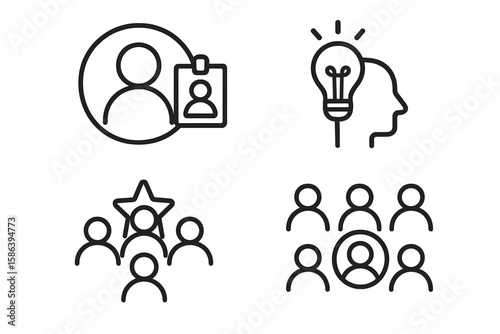Line Icon Set of 4 – Personal Identity, Individuality, Creativity, Distinctiveness, Diversity, Self-Expression, Adaptation, Highlighting Unique People Concepts, Modern Thin Vector