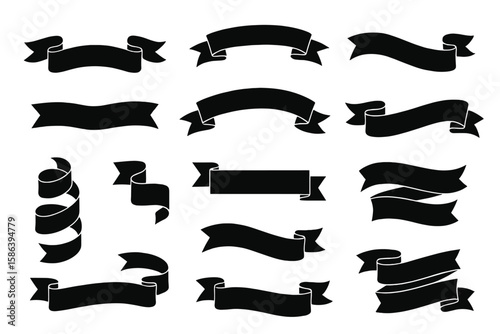 Silhouette Ribbon Banner Vector Set, Black Vintage Scrolls, Curved and Straight Decorative Banners, Blank Retro Labels, Classic Scroll Elements, Isolated on Transparent Background