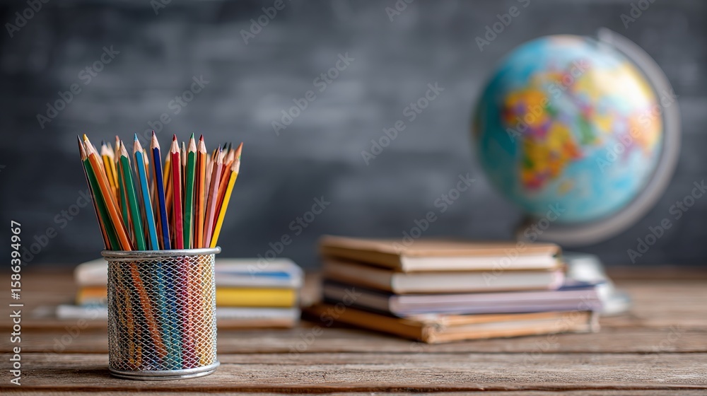Obraz premium Back to school setup with colorful pencils, books, and globe on a rustic wooden desk.