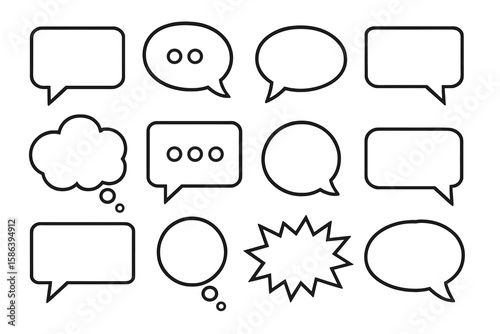 Set of Blank Speech Bubble Vector Icons for Communication, Chat, Messaging, Social Media, Thought, Dialogue, Comic, Cartoon, Outline, Doodle, Transparent Background