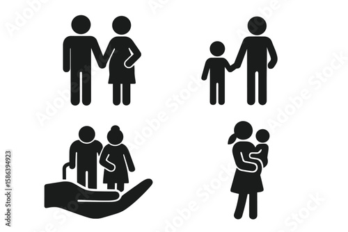 Family life cycle icons. Relationship pictograms. Pregnant couple. Parent and child. Single mother with baby. Elderly care symbol. Social support & community concept vector set.