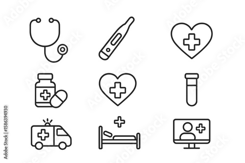Medical and healthcare line icon set. Vector pictograms of hospital, doctor, clinic, emergency, and diagnostics. Stethoscope, ambulance, telemedicine, treatment symbols.