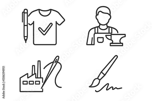 Ethical product line icon set. Vector pictograms of personalized apparel, signature, factory manufacturing, artisan craft with anvil, and paintbrush. Thin linear illustration.