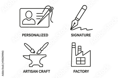 Production methods icon set. Personalized, signature, artisan craft versus factory. Handmade, custom-made, ethical manufacturing concepts. Linear vector pictograms.