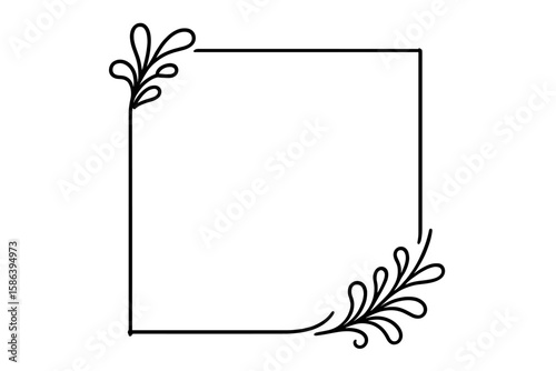 Hand drawn square floral frame with botanical leaf decoration. Minimalist elegant border for wedding invitation or logo. Vector line art ornament with editable stroke.