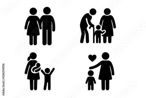 Family life stages icon set. Vector glyph pictograms of relationship, couple, pregnancy, parenting, single mother, child care, elderly support, and community assistance.