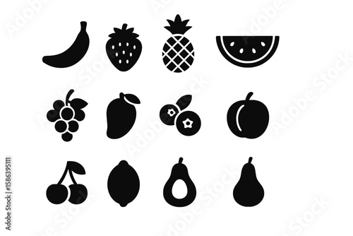 Fruit glyph icon set. Collection of simple vector silhouettes. Natural organic food symbols for web and print. Banana, strawberry, pineapple, watermelon, grapes, mango.