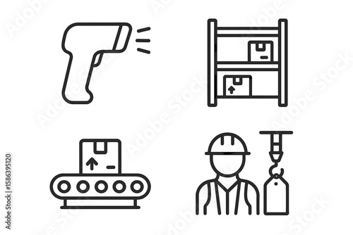 Warehouse Operations Equipment Line Icon Set of 4, Vector Pictograms of Barcode Scanner, Racking Shelving, Conveyor Belt, Worker in Safety Vest with Crane Hook and Label, Thin Linear Style
