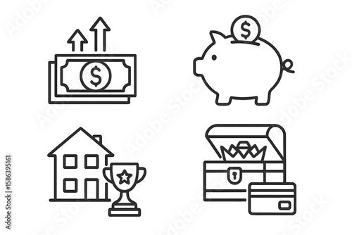 Wealth and Financial Growth Line Icon Set of 4, Vector Pictograms of Money, Investments, Luxury Real Estate, Piggy Bank Savings, Diamond Crown Treasure Chest, Credit Card, and Trophy