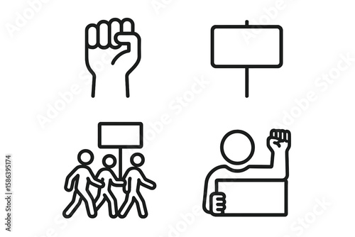 Protest and activism line icon set. Simple vector symbols for demonstration, rally, human rights, and social justice. Raised fist, protest sign, and marching people symbols.
