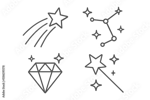 Magical star icon set. Celestial line art collection with shooting star, constellation, diamond, and magic wand. Simple outline vector symbols for cosmic design.