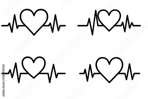 Heartbeat Line Vector Collection with Heart-Shaped EKG Patterns, Pulse Rhythm Symbols for Health, Love, Cardiology, Medical, and Wellness Concepts, Isolated on Transparent Background