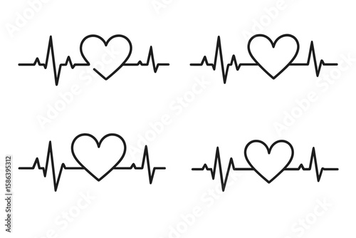 Heartbeat Line Vector Collection, Heart Shaped EKG Patterns, Pulse Rhythm Symbols for Health, Love, Medical Cardiology, Romantic Heartbeat, ECG Waveform, Vector Illustration