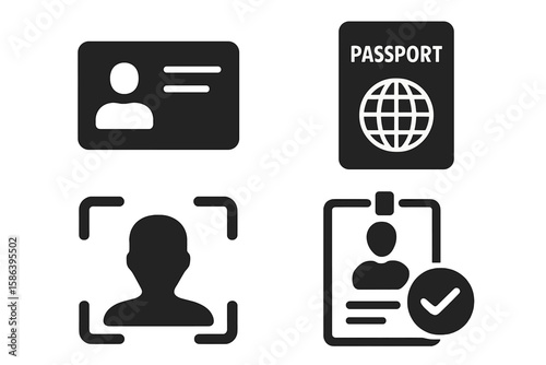 Modern Identification and Verification Icon Set. Vector Glyph Pictograms of Personal ID Card, Passport, Biometric Face Scan, Security Badge, Document Authentication, Digital Identity, Access Control